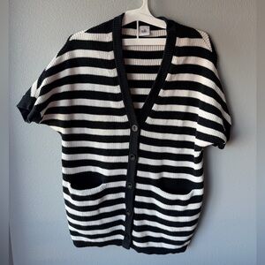 Cabi black and white striped knit button front short sleeve Whistle cardigan S